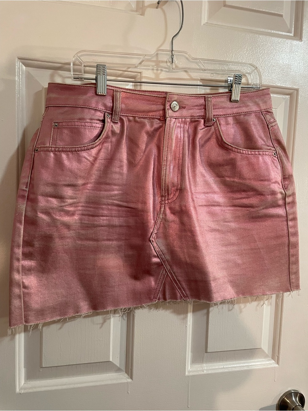 Topshop Metallic Pink Denim Mini Skirt